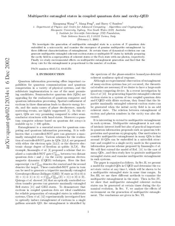 (PDF) Multipartite entangled states in coupled quantum dots and cavity QED