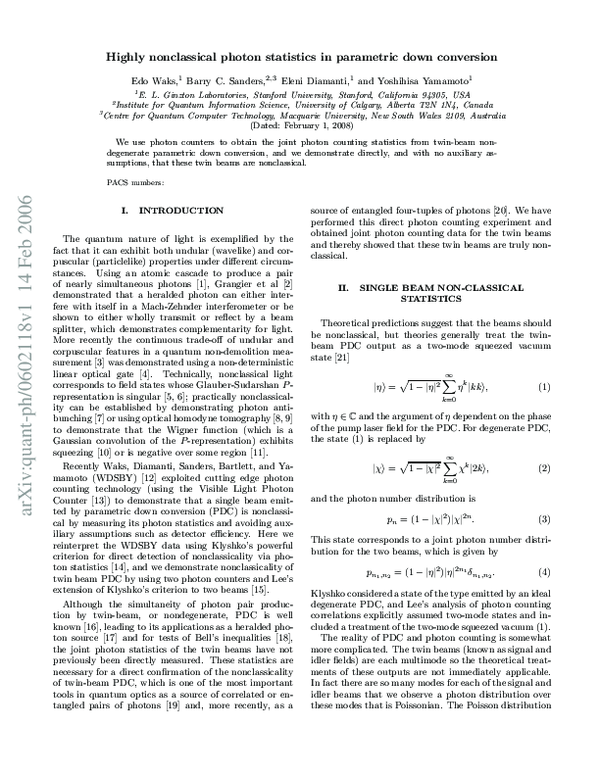 (PDF) Highly nonclassical photon statistics in parametric down-conversions