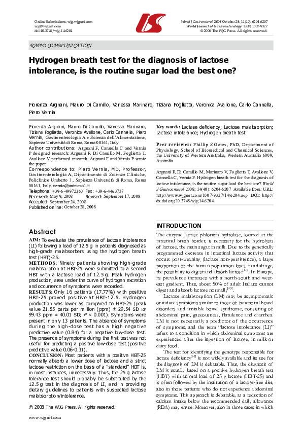(PDF) Hydrogen breath test for the diagnosis of lactose intolerance, is