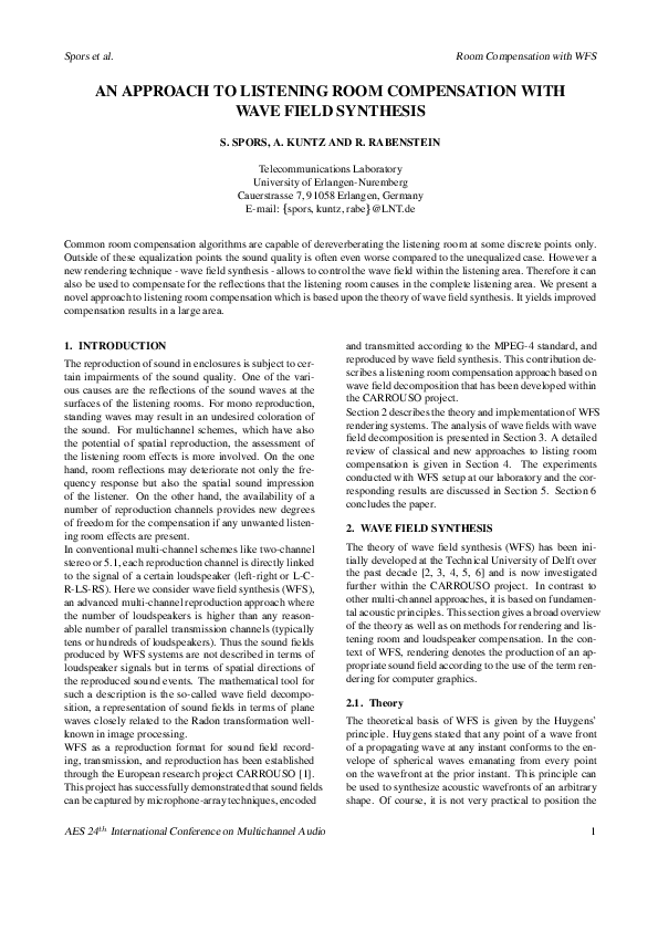 (PDF) Listening room compensation for wave field synthesis Rudolf