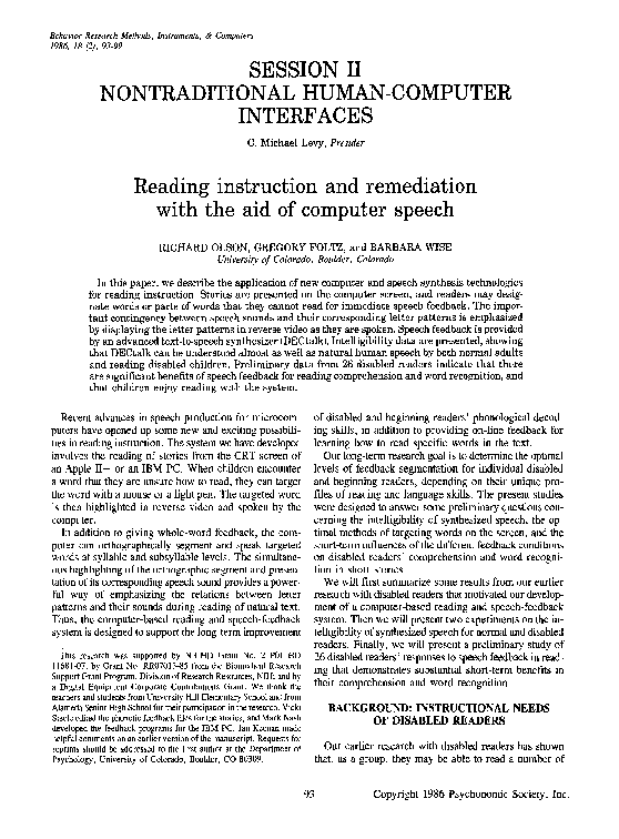 (PDF) Reading instruction and remediation with the aid of computer speech