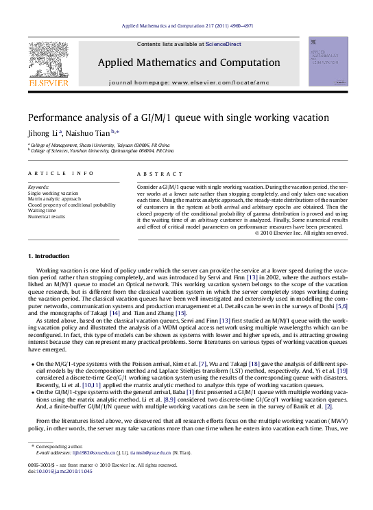 (PDF) Performance analysis of a GI/M/1 queue with single working vacation