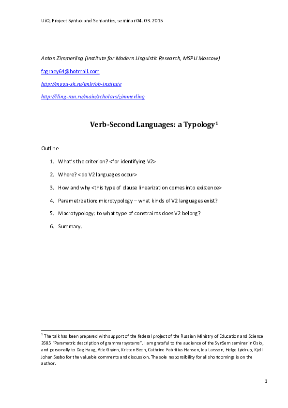 (PDF) VerbSecond Languages a Typology Anton Zimmerling Academia.edu