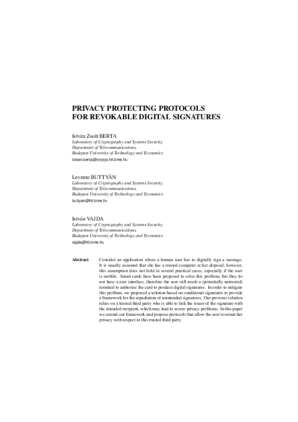 (PDF) Privacy Protecting Protocols for Revokable Digital Signatures