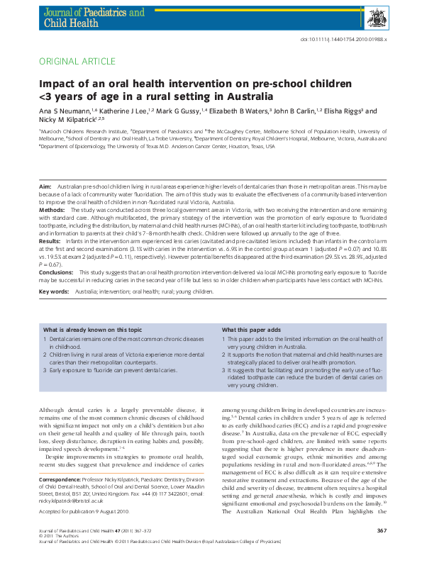 (PDF) Impact of an oral health intervention on pre-school children