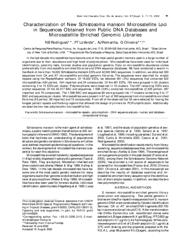 (PDF) Characterization of new Schistosoma mansoni microsatellite loci ...