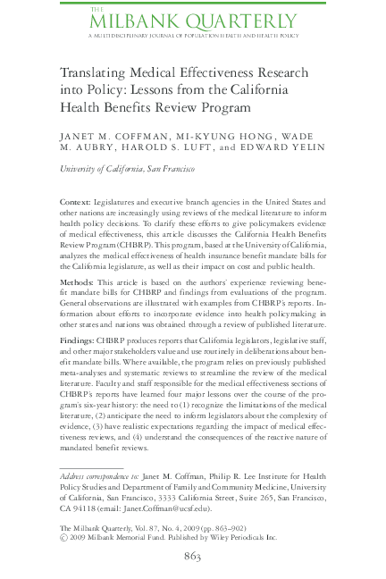 (PDF) Translating Medical Effectiveness Research into Policy: Lessons ...