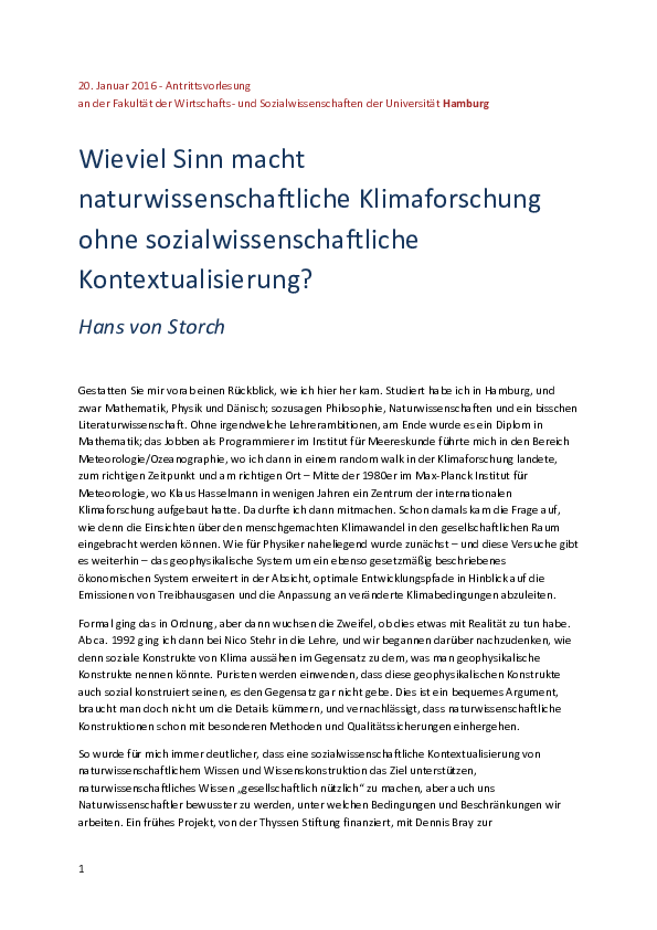 Wieviel Sinn macht naturwissenschaftliche Klimaforschung ohne sozialwissenschaftliche Kontextualisierung