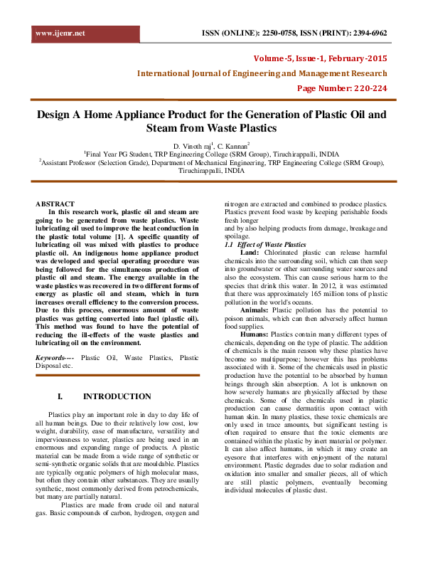 (PDF) Design A Home Appliance Product for the Generation of Plastic Oil