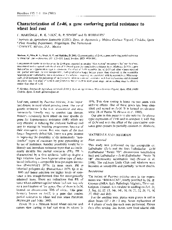 (PDF) Characterization of Lr46, a Gene Conferring Partial Resistance to ...
