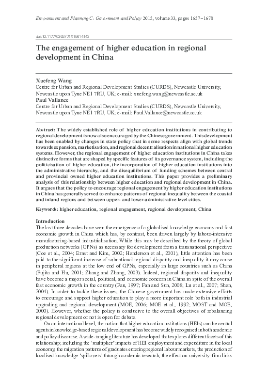 (PDF) The engagement of HE in regional development in China