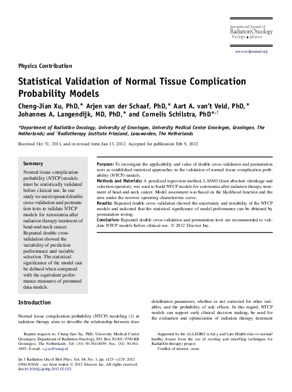 (PDF) Statistical Validation of Normal Tissue Complication Probability ...