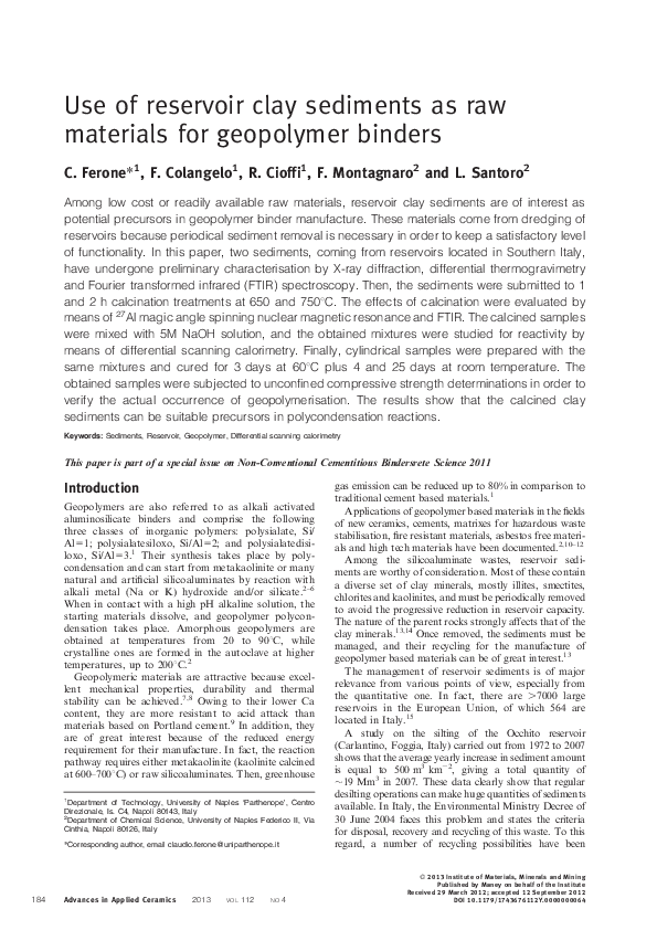 (PDF) Use of reservoir clay sediments as raw materials for geopolymer