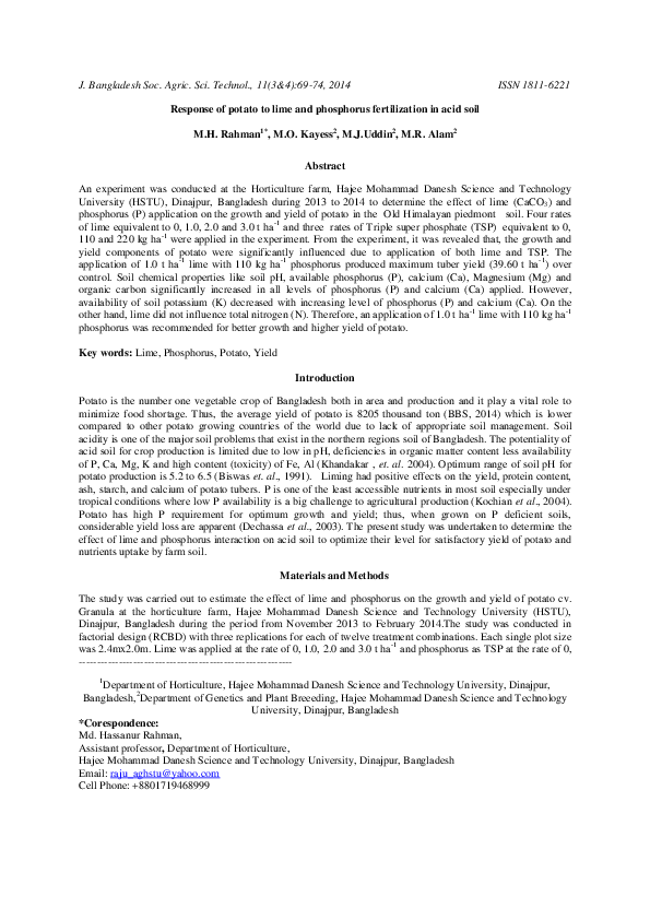 (PDF) Response of potato to lime and phosphorus fertilization in acid soil