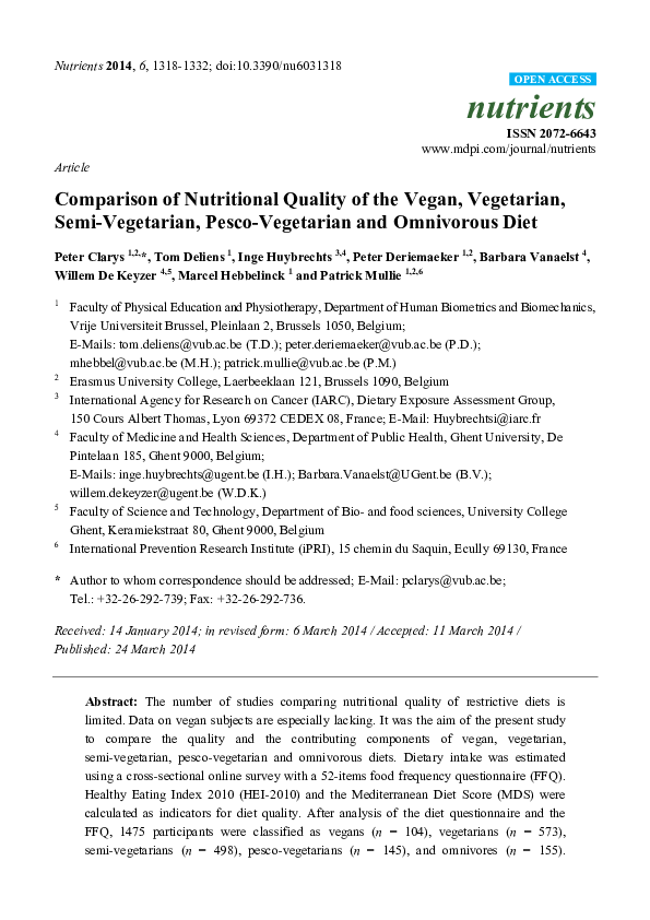 (PDF) Comparison of Nutritional Quality of the Vegan, Vegetarian, SemiVegetarian, Pesco