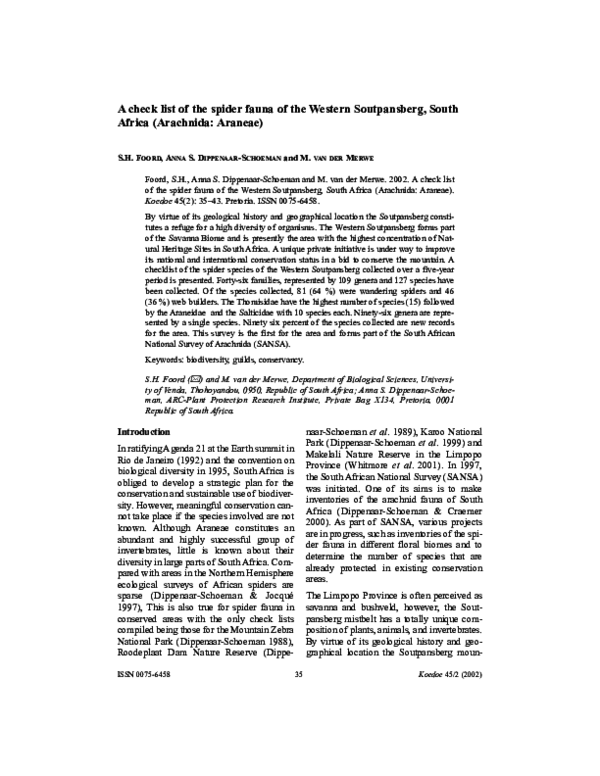 (PDF) A check list of the spider fauna of the Western Soutpansberg ...