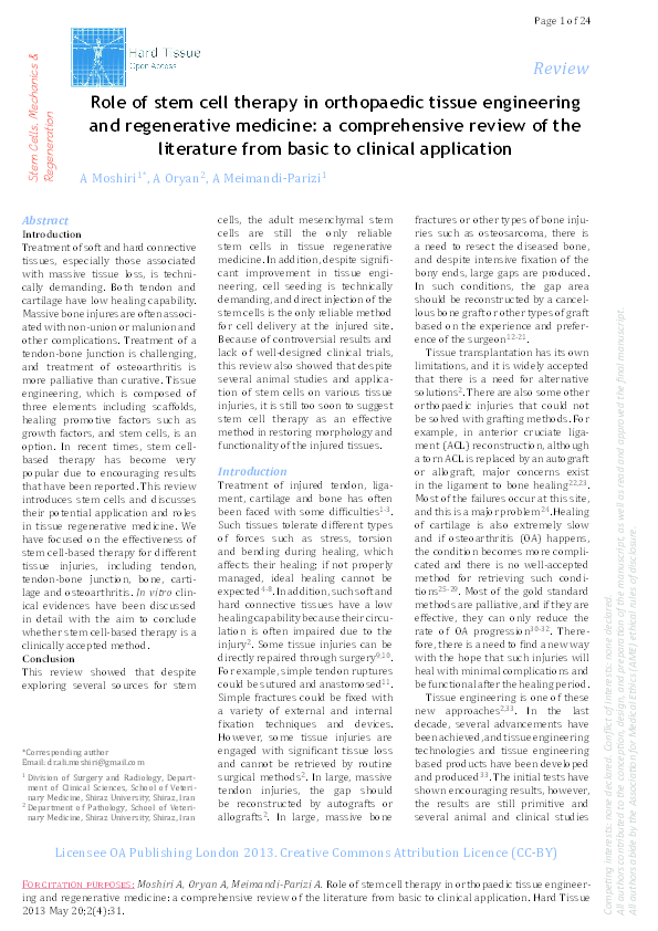 (PDF) Role of stem cell therapy i n orthopaedic tissue engineering and ...