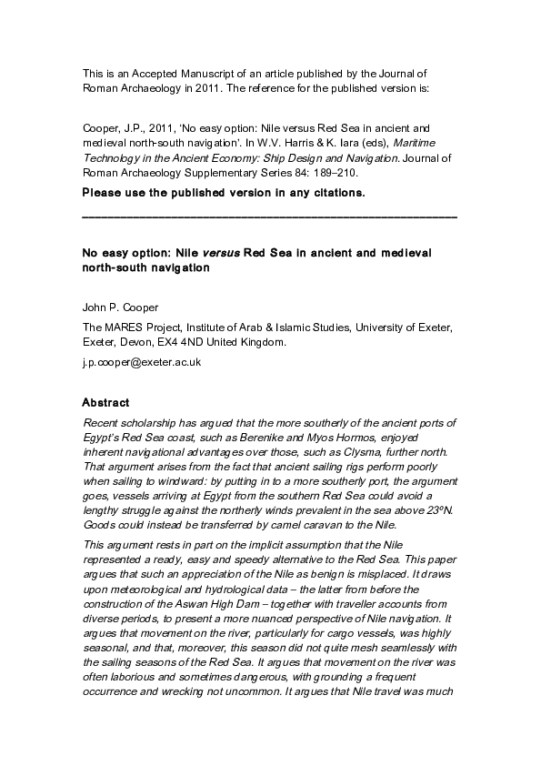 No easy option: Nile versus Red Sea in ancient and medieval north-south navigation