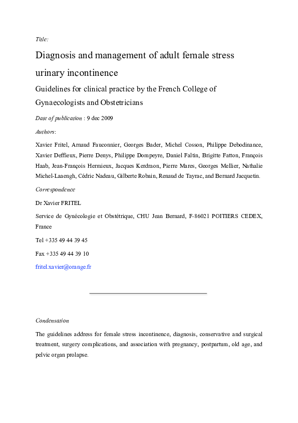 (PDF) Diagnosis and management of adult female stress urinary ...