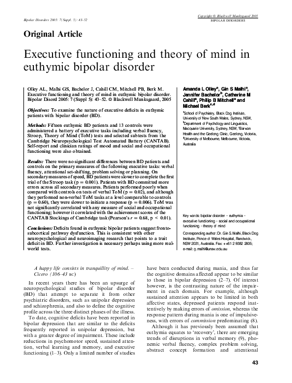 (PDF) Executive functioning and theory of mind in euthymic bipolar disorder