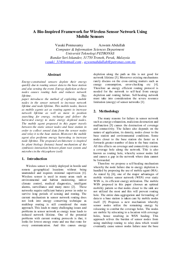(PDF) A bio-inspired framework for wireless sensor network using mobile ...