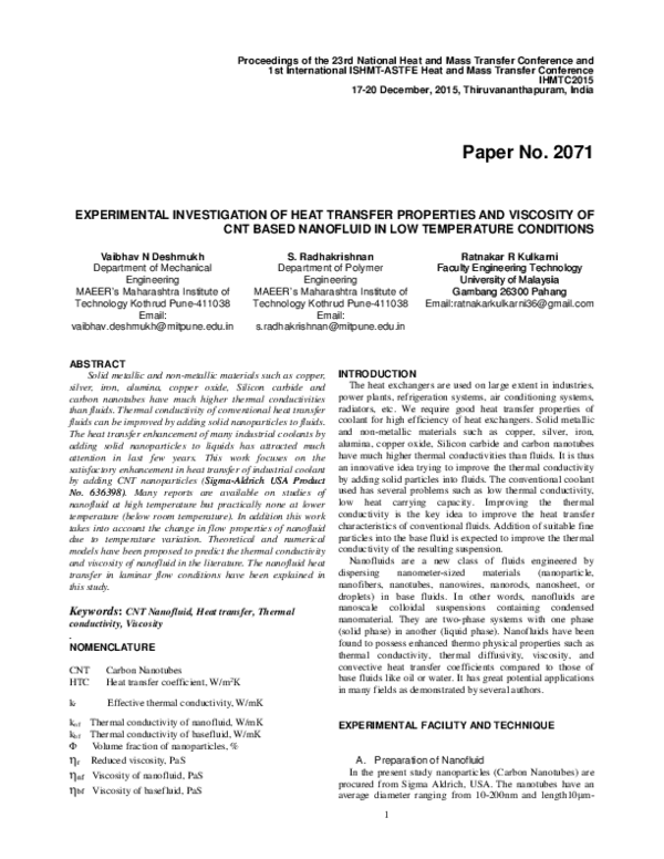 (PDF) EXPERIMENTAL INVESTIGATION OF HEAT TRANSFER PROPERTIES AND ...