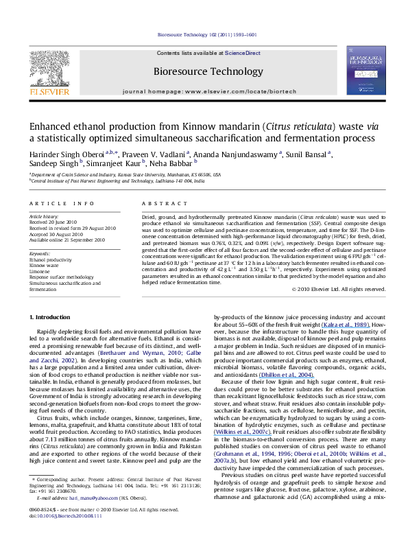 (PDF) Ethanol production from Kinnow mandarin (Citrus reticulata) peels ...