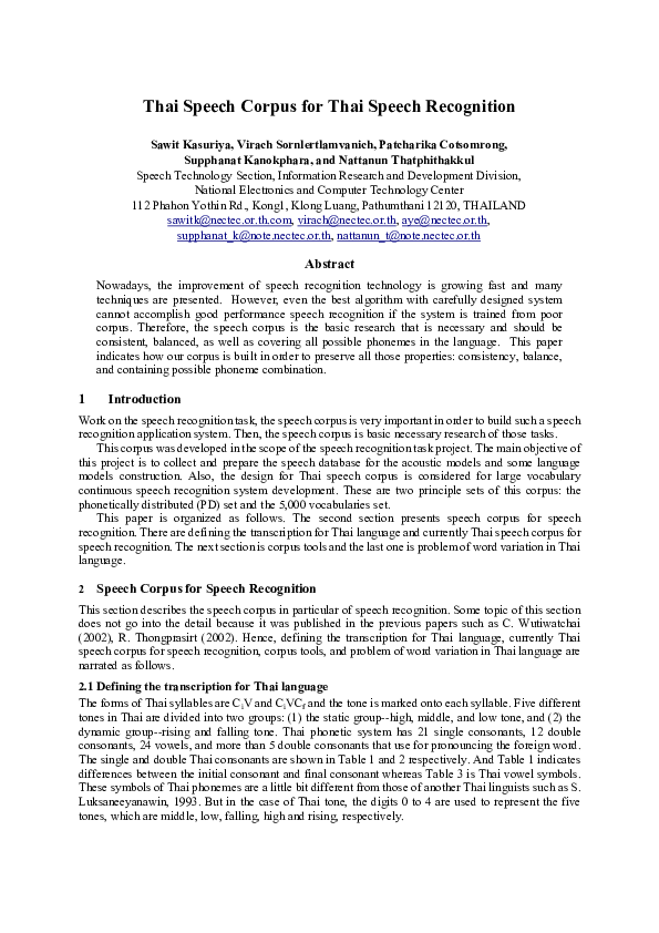 (PDF) Tile name: Thai Speech Corpus for Speech Recognition