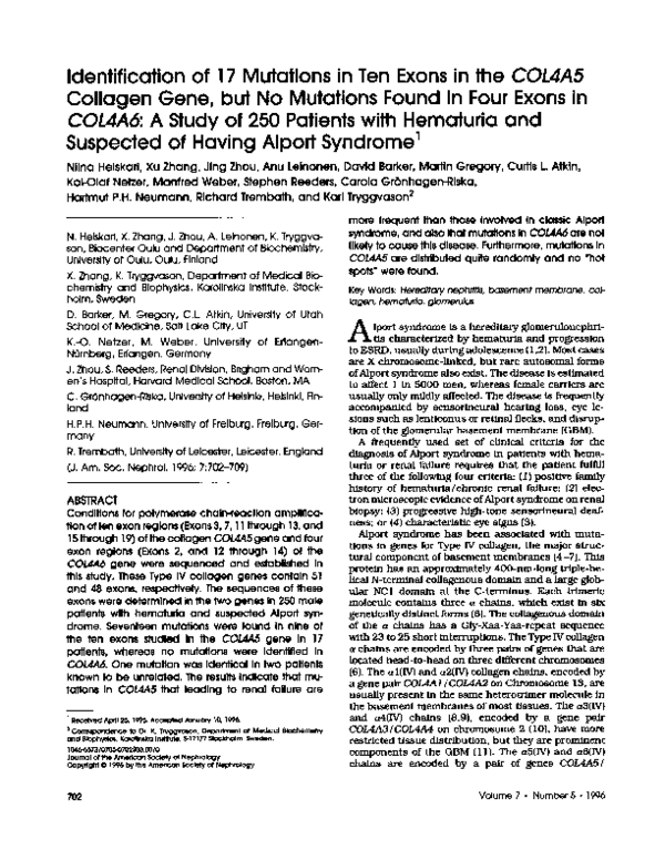 (PDF) Identification of 17 mutations in ten exons in the COL4A5 ...