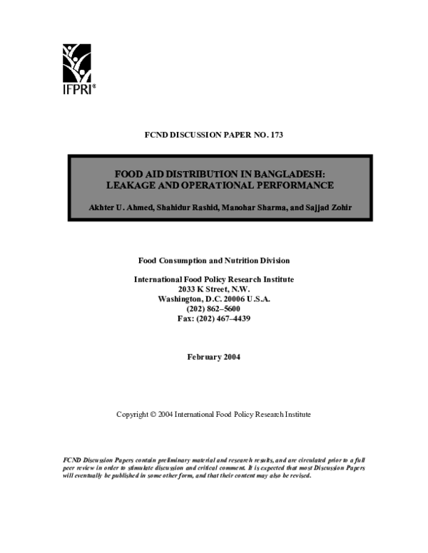 (PDF) Food aid distribution in Bangladesh Akhter U Ahmed Academia.edu