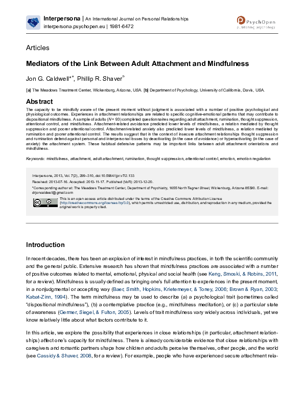 (PDF) Mediators of the Link Between Adult Attachment and Mindfulness