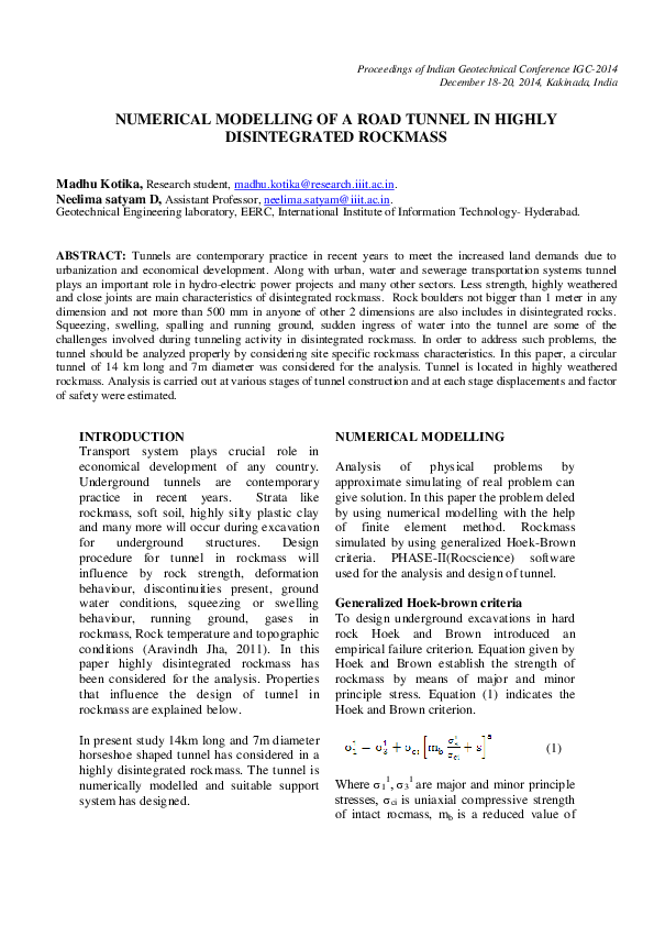 (PDF) NUMERICAL MODELLING OF A ROAD TUNNEL IN HIGHLY DISINTEGRATED ROCKMASS
