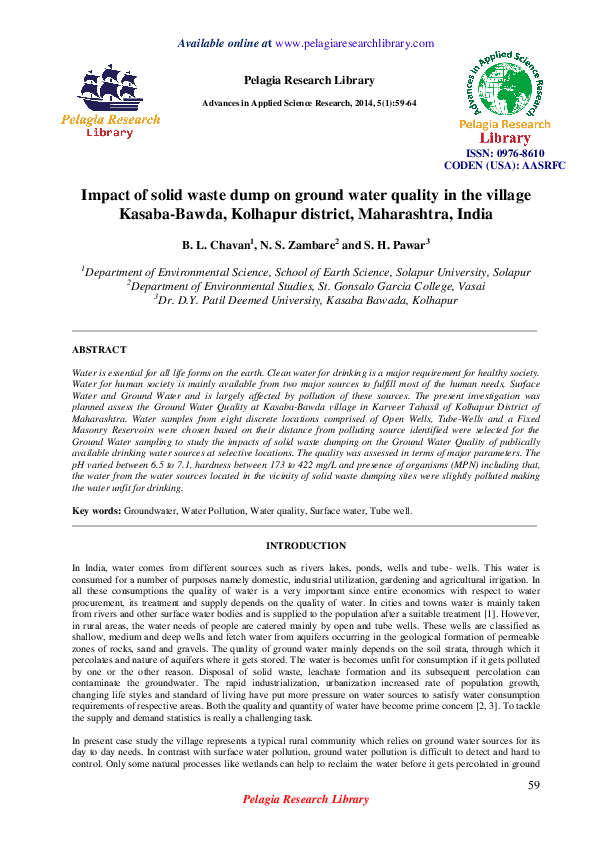 (PDF) Impact of solid waste dump on ground water quality in the village ...