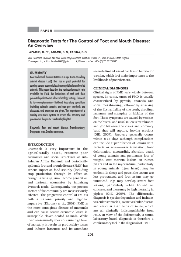 (PDF) Diagnostic Tests for The Control of Foot and Mouth Disease An