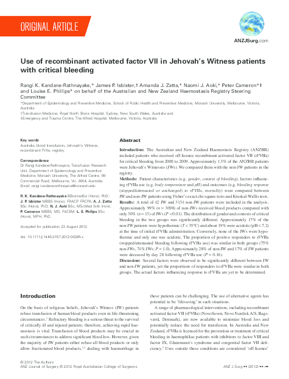 (PDF) Use of recombinant activated factor VII in Jehovah's Witness ...