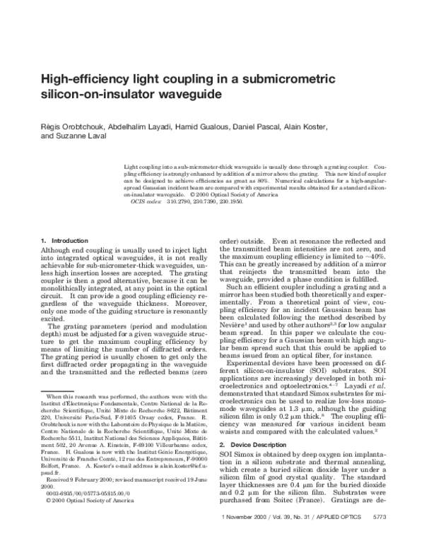 (PDF) HighEfficiency Light Coupling in a Submicrometric Siliconon