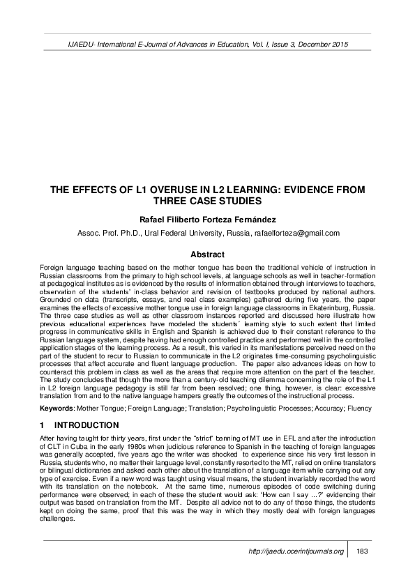 (PDF) THE EFFECTS OF L1 OVERUSE IN L2 LEARNING: EVIDENCE FROM THREE ...