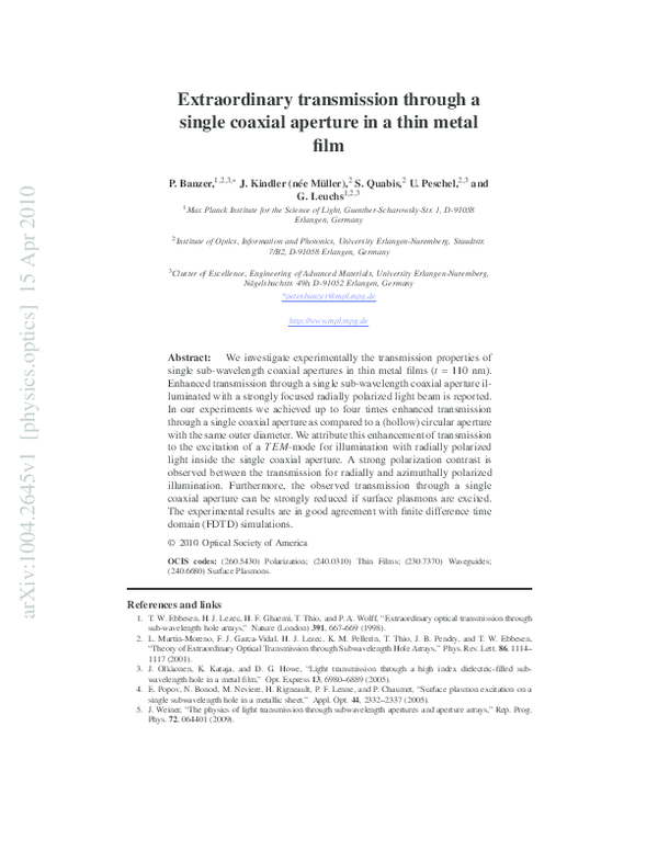 (PDF) Extraordinary transmission through a single coaxial aperture in a ...