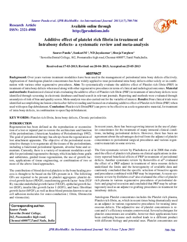 (PDF) Additive effect of platelet rich fibrin in treatment of Intrabony ...