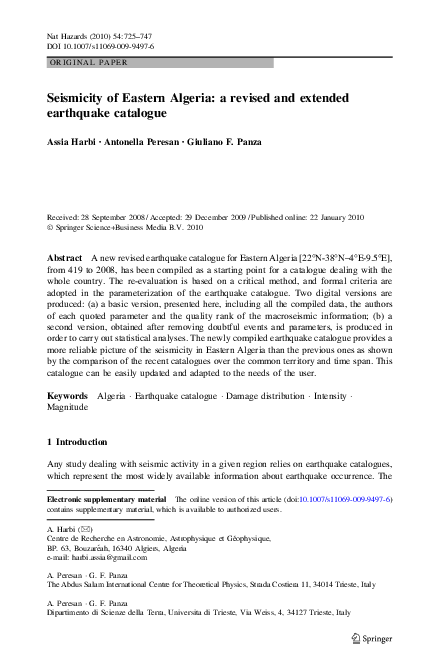 Pdf Seismicity Of Eastern Algeria A Revised And Extended Earthquake Catalogue Assia Harbi Academia Edu