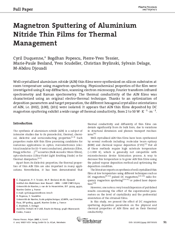 (PDF) Magnetron Sputtering of Aluminium Nitride Thin Films for Thermal ...