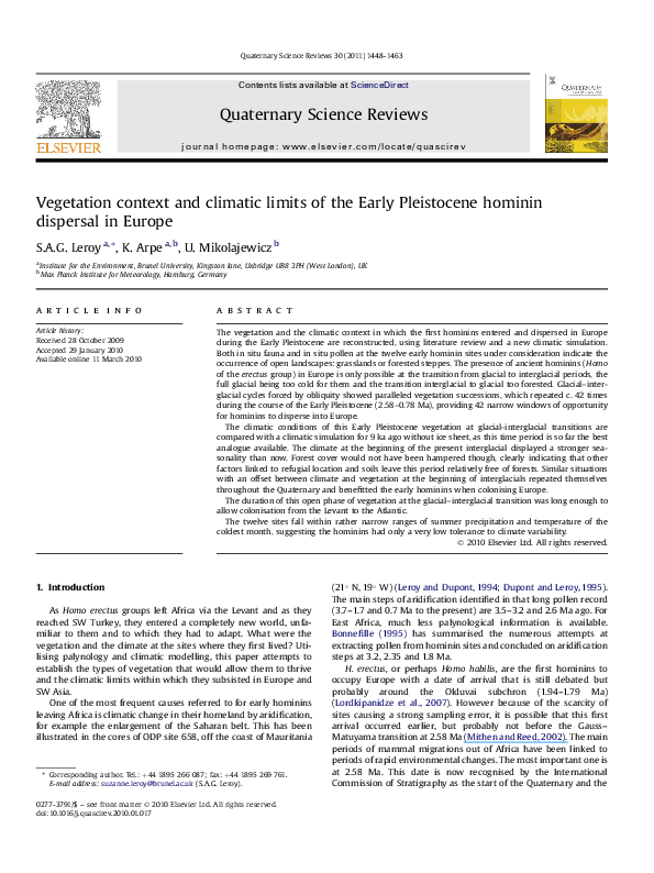 (PDF) Vegetation context and climatic limits of the Early Pleistocene ...