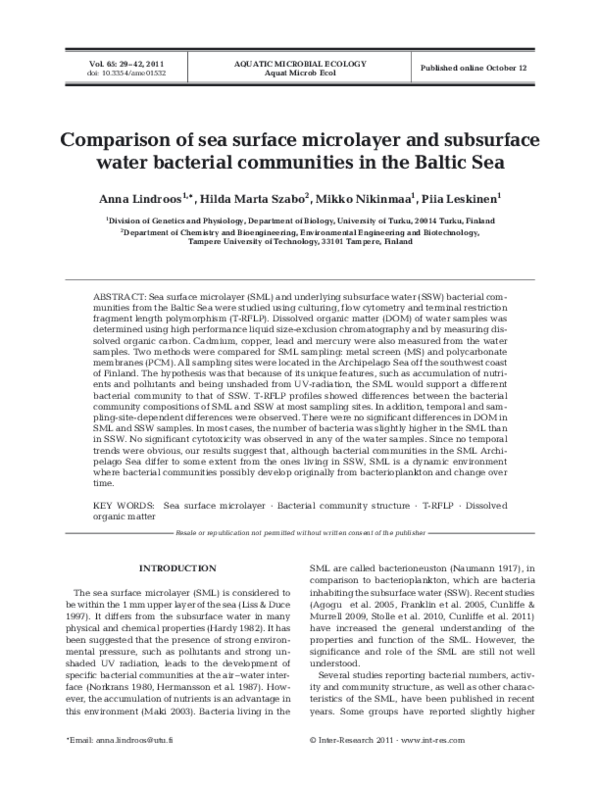 (PDF) Comparison of sea surface microlayer and subsurface water ...