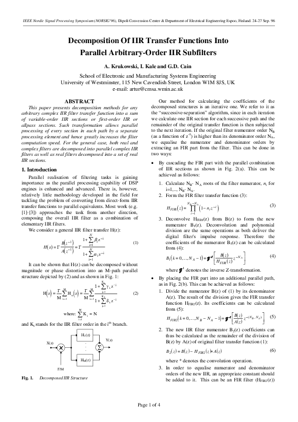 (PDF) Decomposition Of IIR Transfer Functions Into Parallel Arbitrary ...