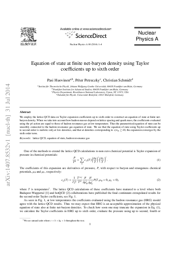 (PDF) Equation of state at finite net-baryon density using Taylor ...