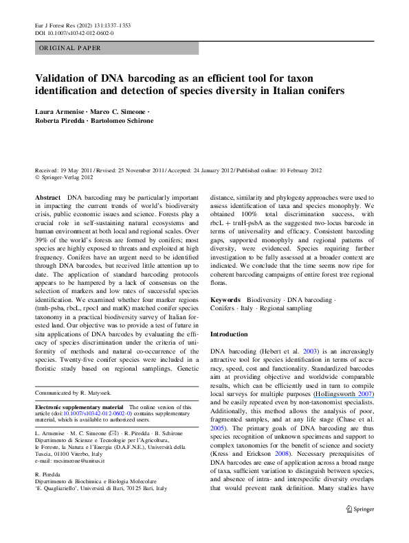 (PDF) Validation of DNA barcoding as an efficient tool for taxon ...
