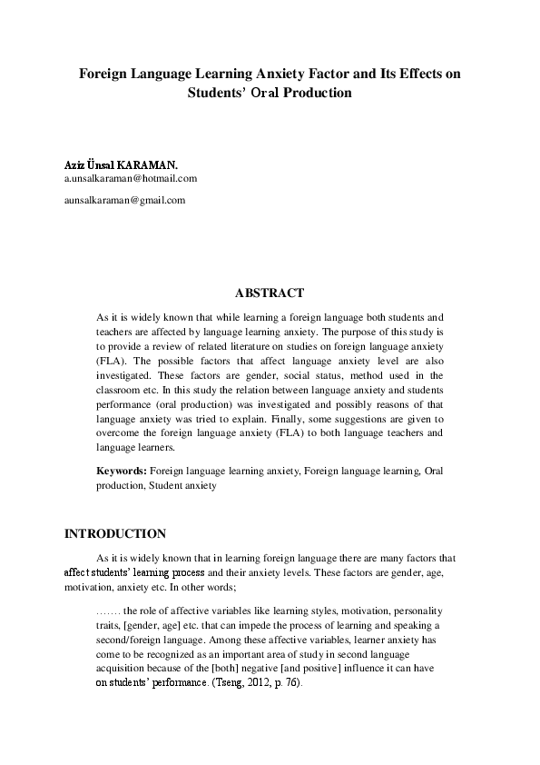 (PDF) Foreign Language Learning Anxiety Factor and Its Effects on ...
