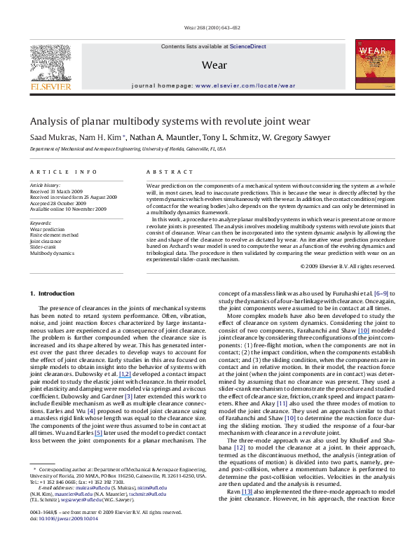 (PDF) Analysis of planar multibody systems with revolute joint wear