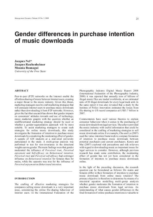 (PDF) Gender differences in purchase intention of music downloads