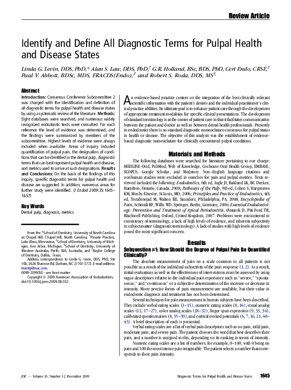 (PDF) Identify and Define All Diagnostic Terms for Pulpal Health and